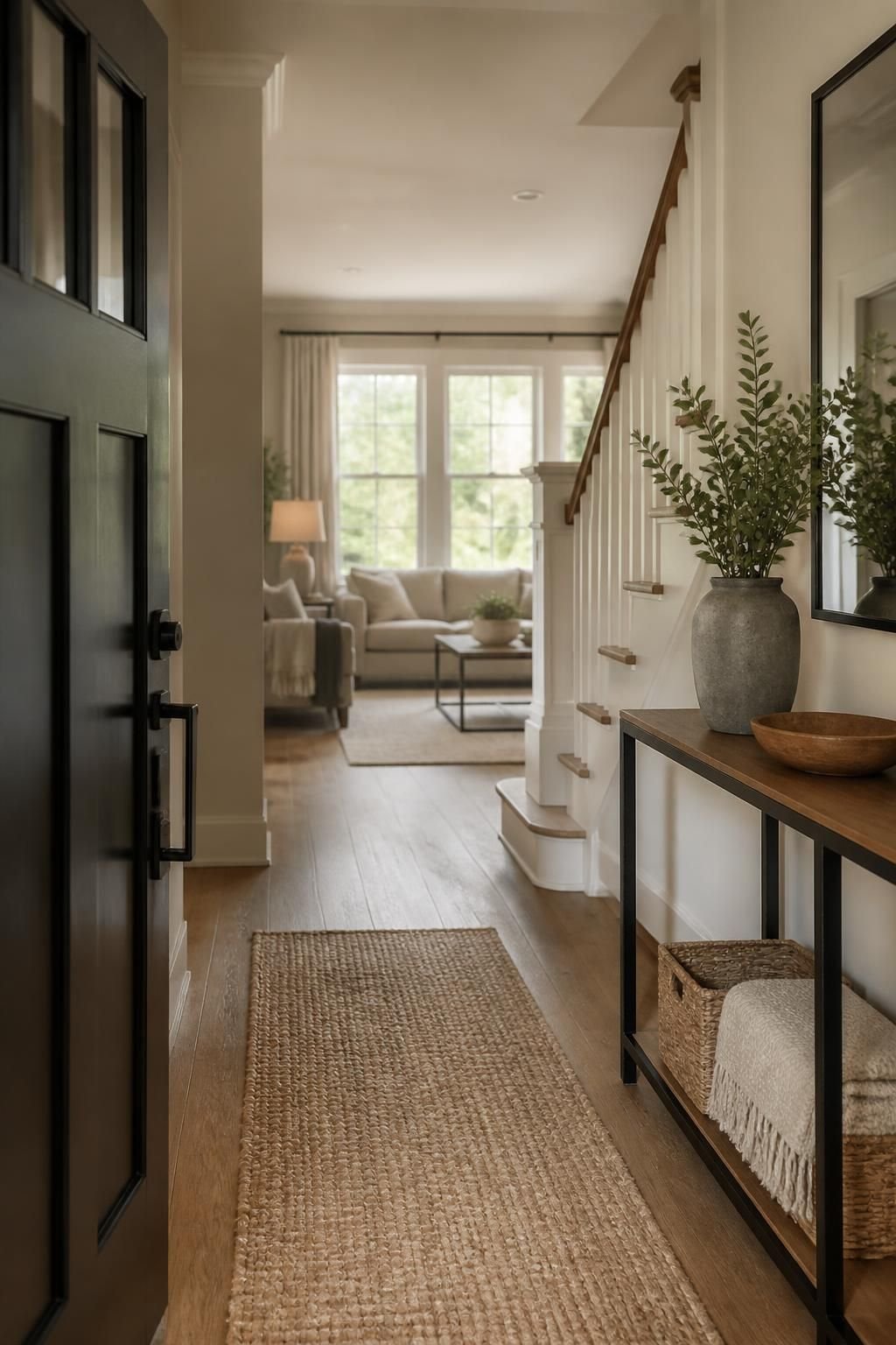 Tidy modern home interior with a softly lit entryway